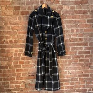 Black Plaid Commense Trench Coat with Gold Buttons